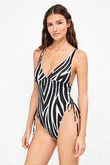 Gisela Traje de ba&ntilde;o escote pronunciado animal print cebra blanco