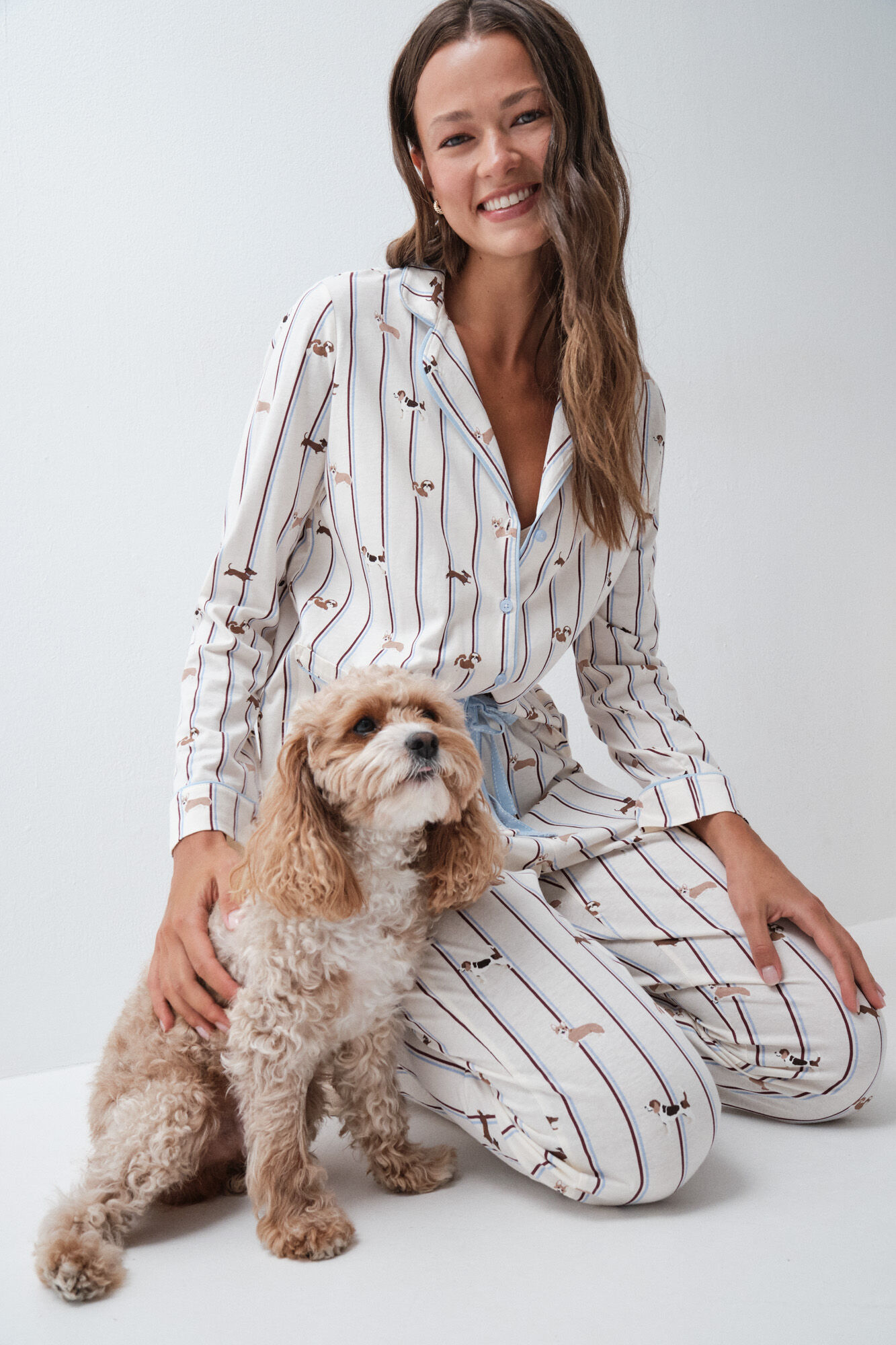 Women'secret Pijama larga camisera de rayas con perros
