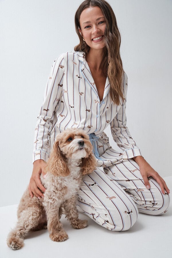 Women'secret Pijama larga camisera de rayas con perros blanco