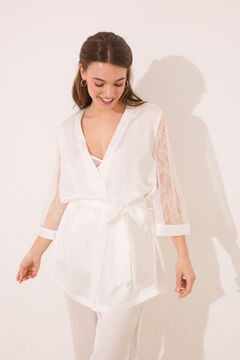 Womensecret Set pijama larga satín y encaje blanco marfil