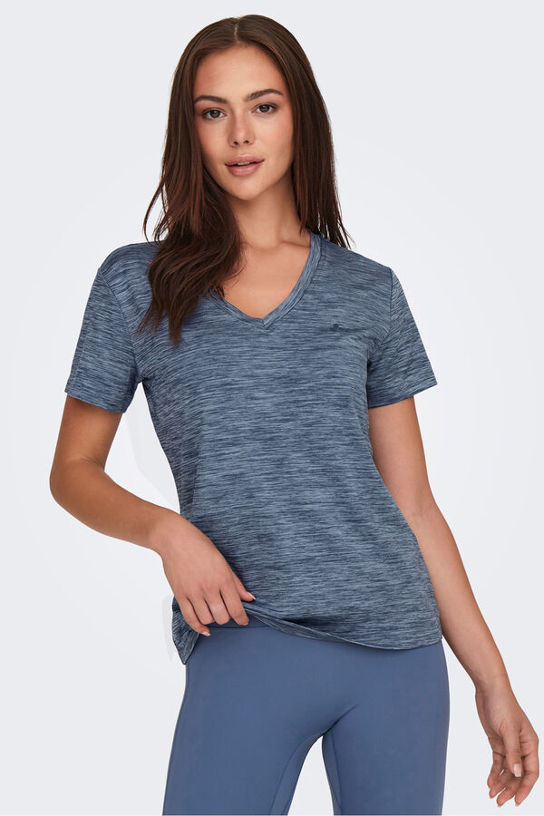 Only Play Playera de manga corta con cuello en PICO y tejido efecto lavado azul