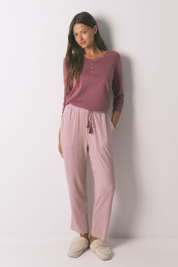Women'secret Pantalón largo zanahoria en tejido rosa suave rosa
