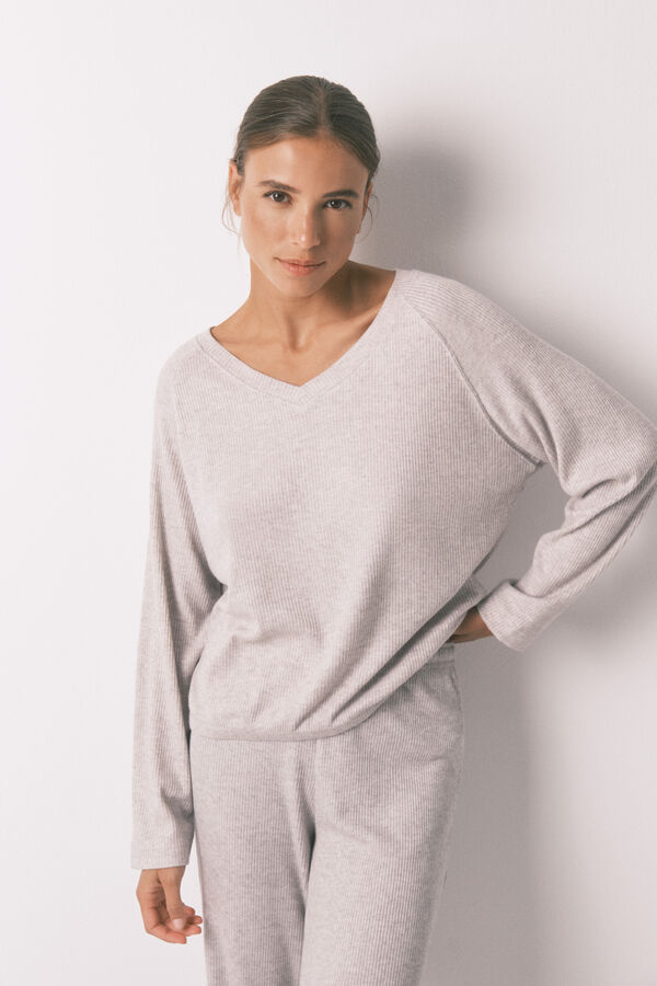 Women'secret Pijama larga canalé perchado gris gris