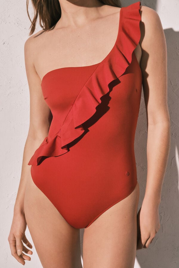 Women'secret Traje de ba&ntilde;o moldeador con volante asim&eacute;trico naranja naranja