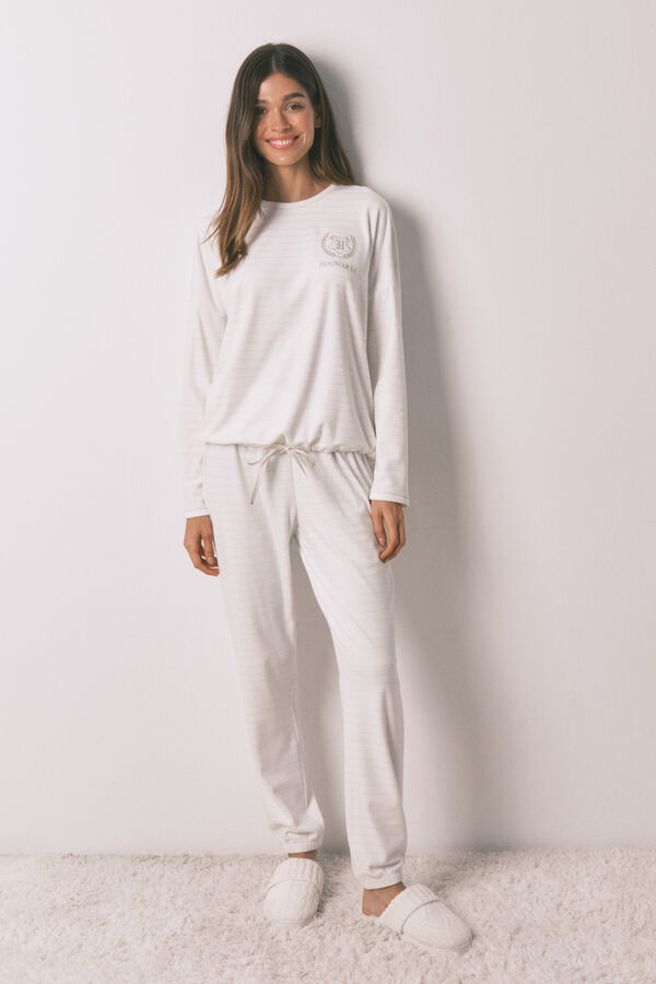 Women'secret Pijama larga polar estampado rayas lurex marfil