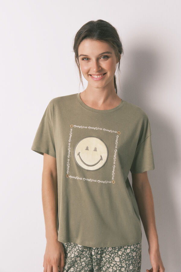 Women'secret Pijama larga Smiley color caqui 100 % algod&oacute;n kaki