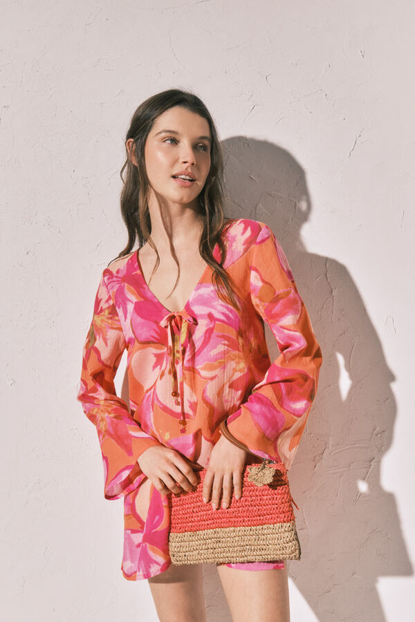 Women'secret Neceser mediano de rafia bicolor coral