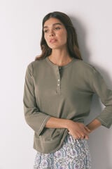 Women'secret Playera caqui de manga ¾ 100 % algodón kaki