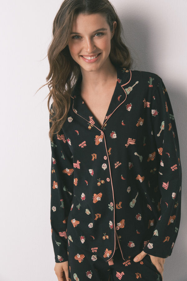 Women'secret Pijama camisera de algodón negro "Día de Muertos" negro