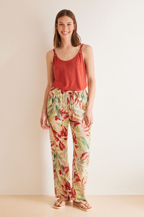 Womensecret Pantalón largo fluido tropical estampado