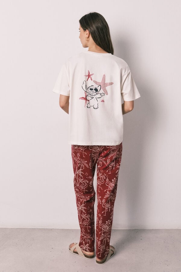 Women'secret Pijama larga de algod&oacute;n Stitch estampado de palmeras marfil