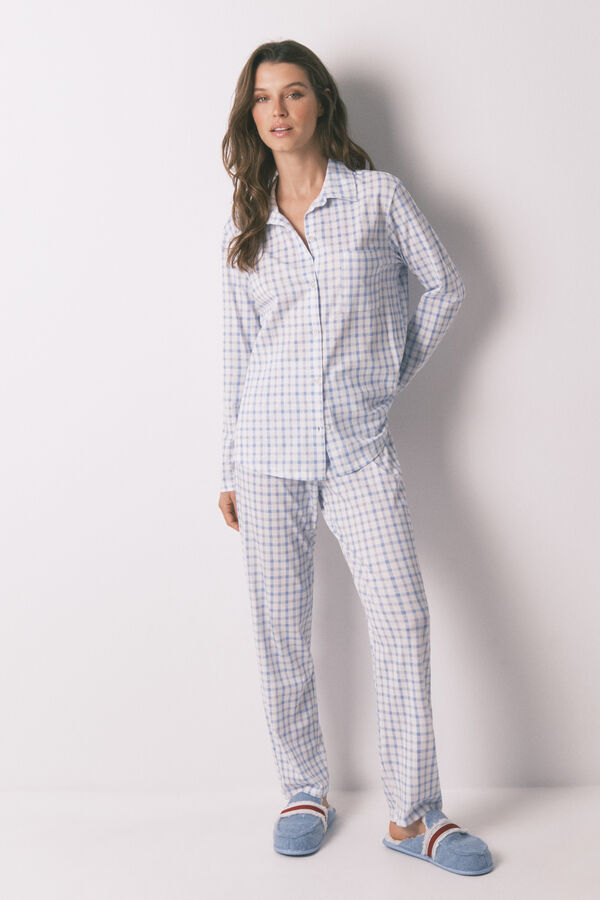 Women'secret Pijama camisera de algodón a cuadros azules  estampado
