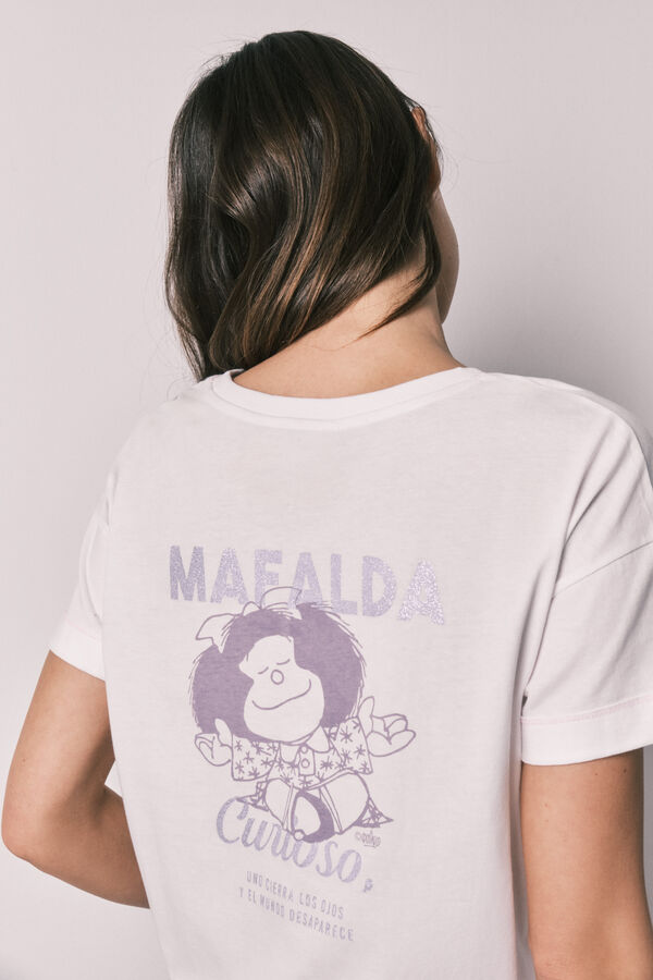 Women'secret Pijama larga de algod&oacute;n Mafalda a cuadros marfil