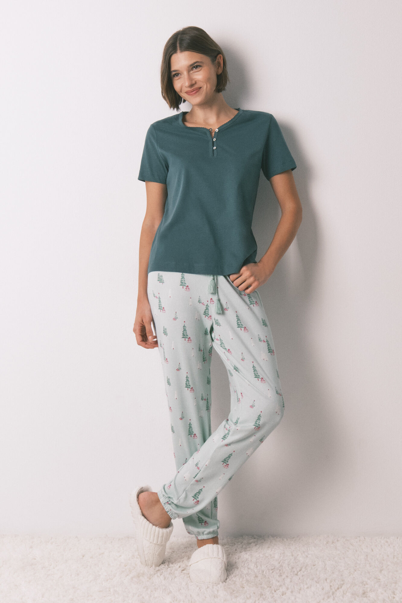 Women'secret Playera de manga corta verde 100% algod&oacute;n