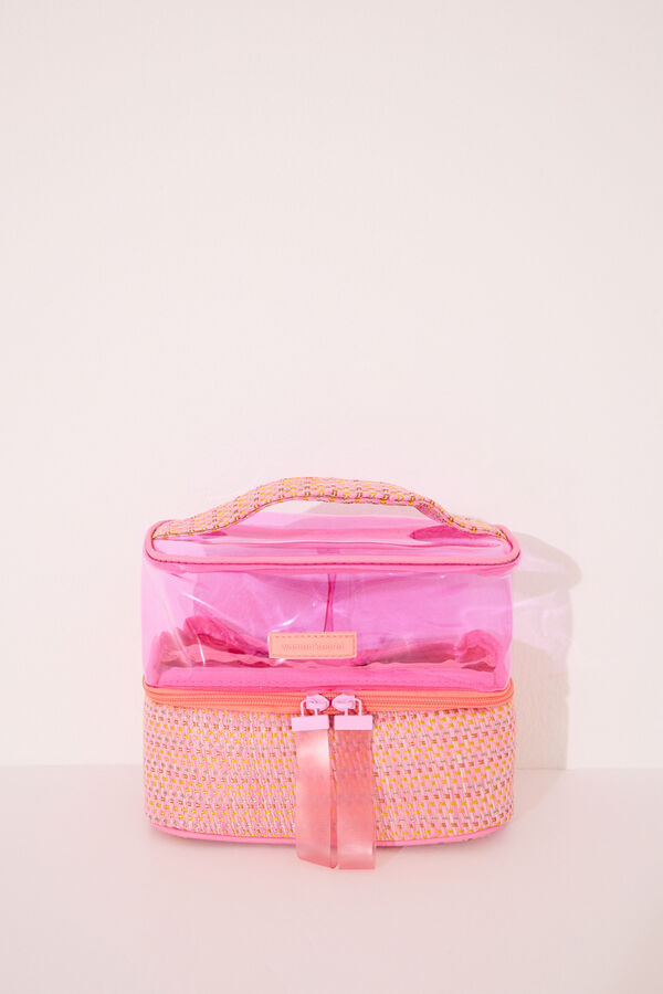 Womensecret Neceser doble de rafia de color rosa mediano estampado