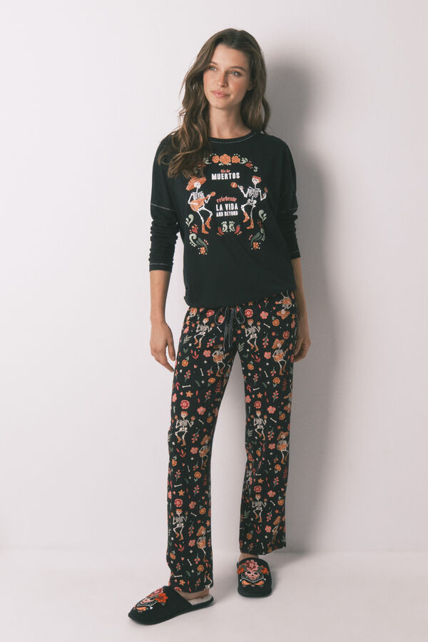 Women'secret Pijama larga "Día de Muertos" 100% algodón en color negro negro