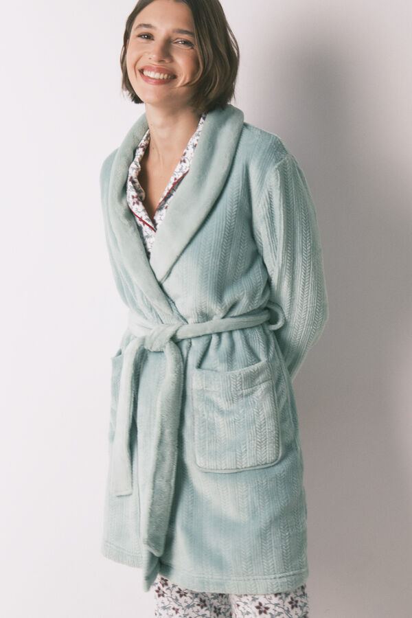 Women'secret Bata midi cruzada de tejido forro polar azul