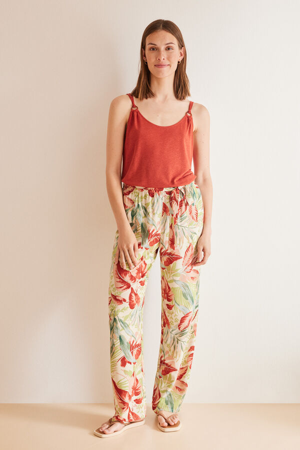 Womensecret Pantalón largo fluido tropical estampado