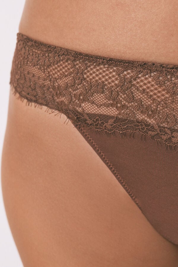 Women'secret Tanga de cintura de encaje marrón café