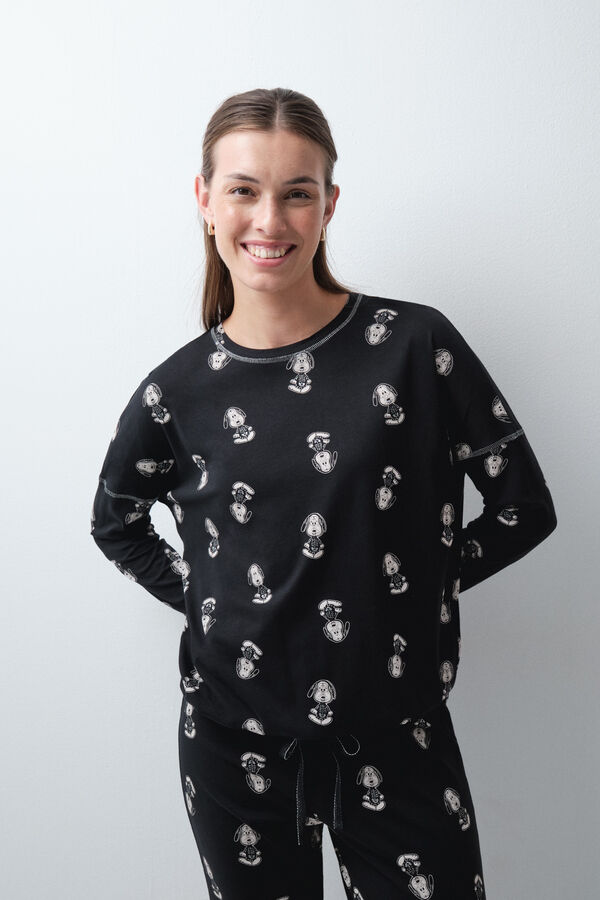 Women'secret Pijama larga de algod&oacute;n Snoopy Halloween negro