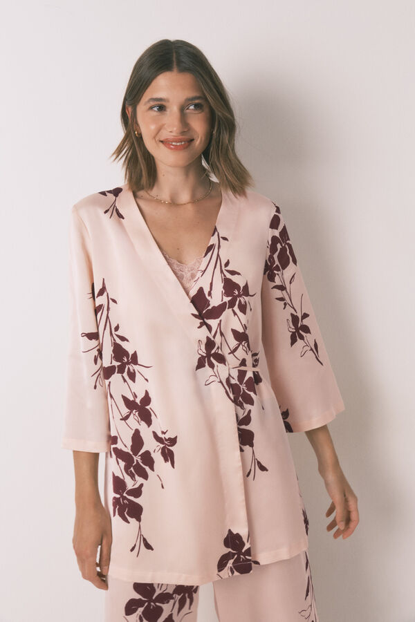 Womensecret Conjunto floral de satén rosa de 3 piezas rosa