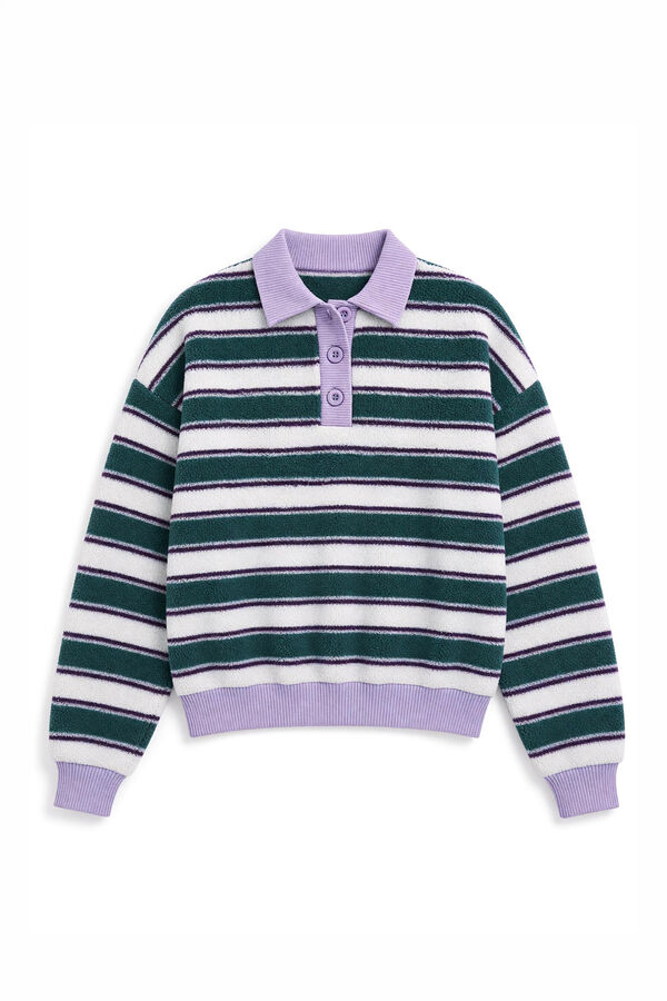 HI&BYE Sudadera polo de borreguito a rayas verde estampado