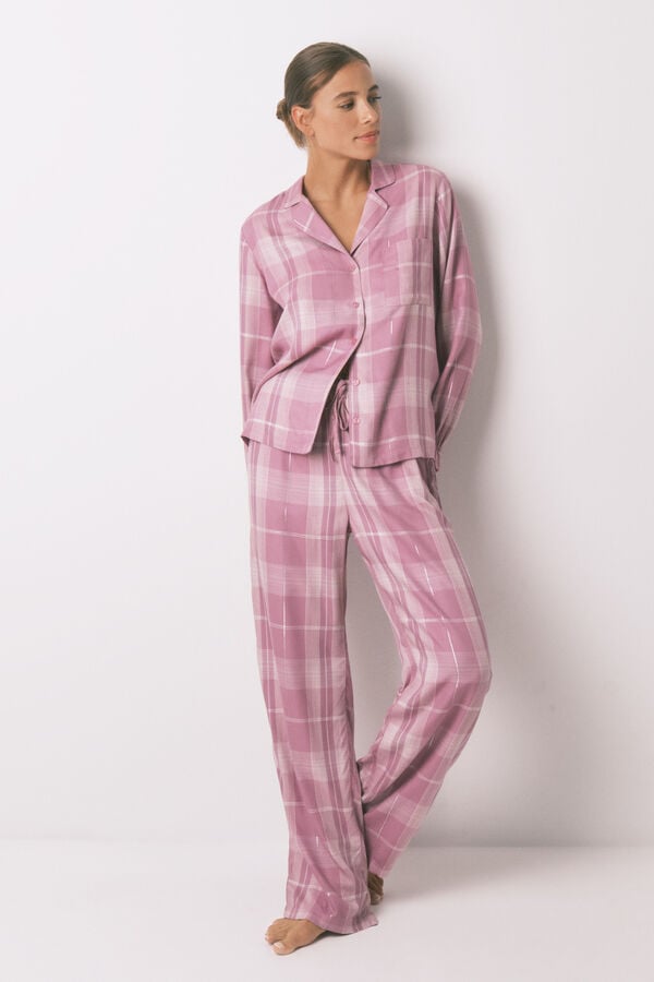 Women'secret Pijama camisera de viscosa a cuadros rosas rosa