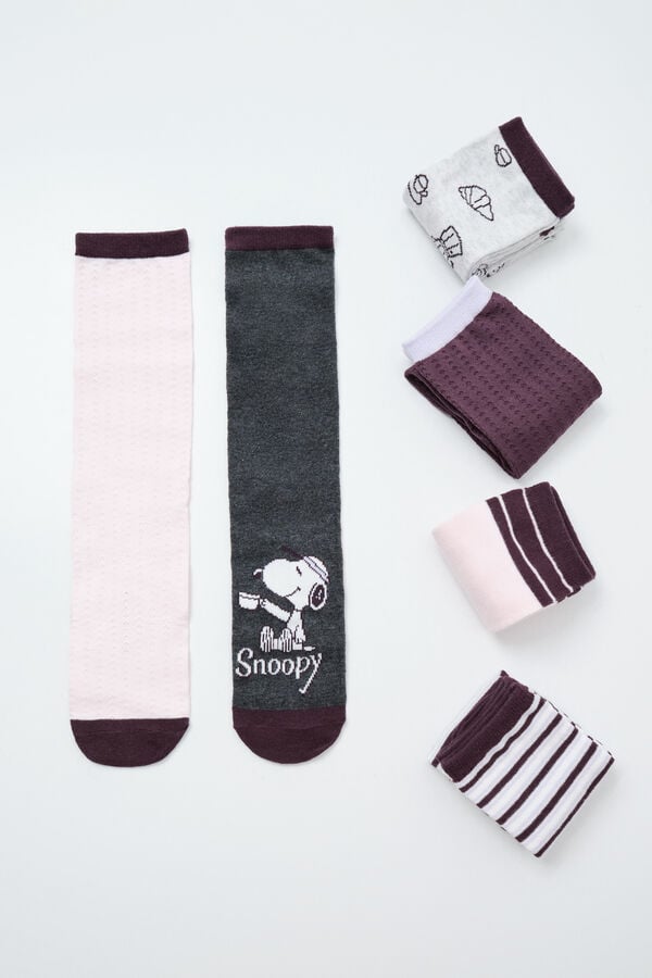 Women'secret Pack 6 calcetines largos Snoopy y cruasanes estampado