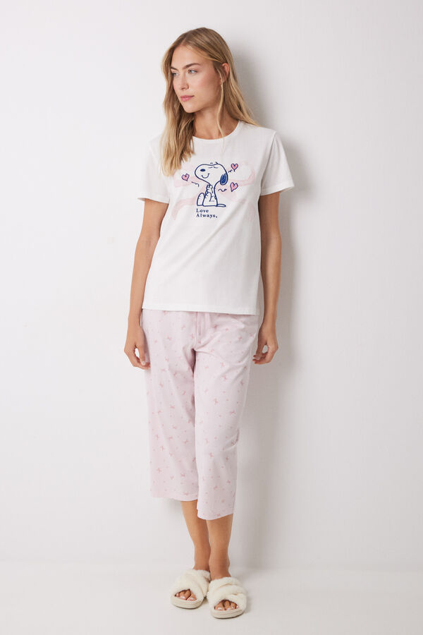 Womensecret Pijama capri 100% algodón blanco y rosa marfil