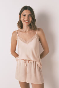 Women'secret Pijama corta de satén con encaje rosa