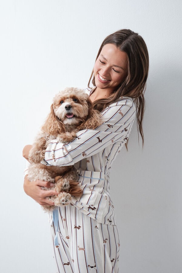 Women'secret Pijama larga camisera de rayas con perros blanco