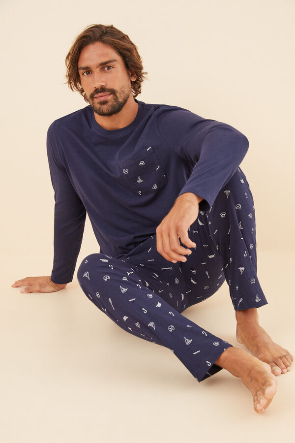 Womensecret Pijama larga hombre 100% algodón pesca azul