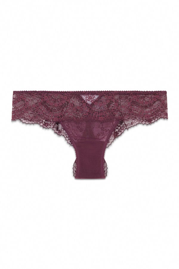 Women'secret Panty brasile&ntilde;o ancho de encaje y tul burgundy p&uacute;rpura