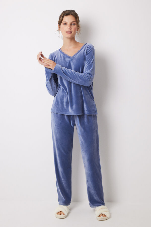 Womensecret Pijama larga terciopelo soft touch azul azul