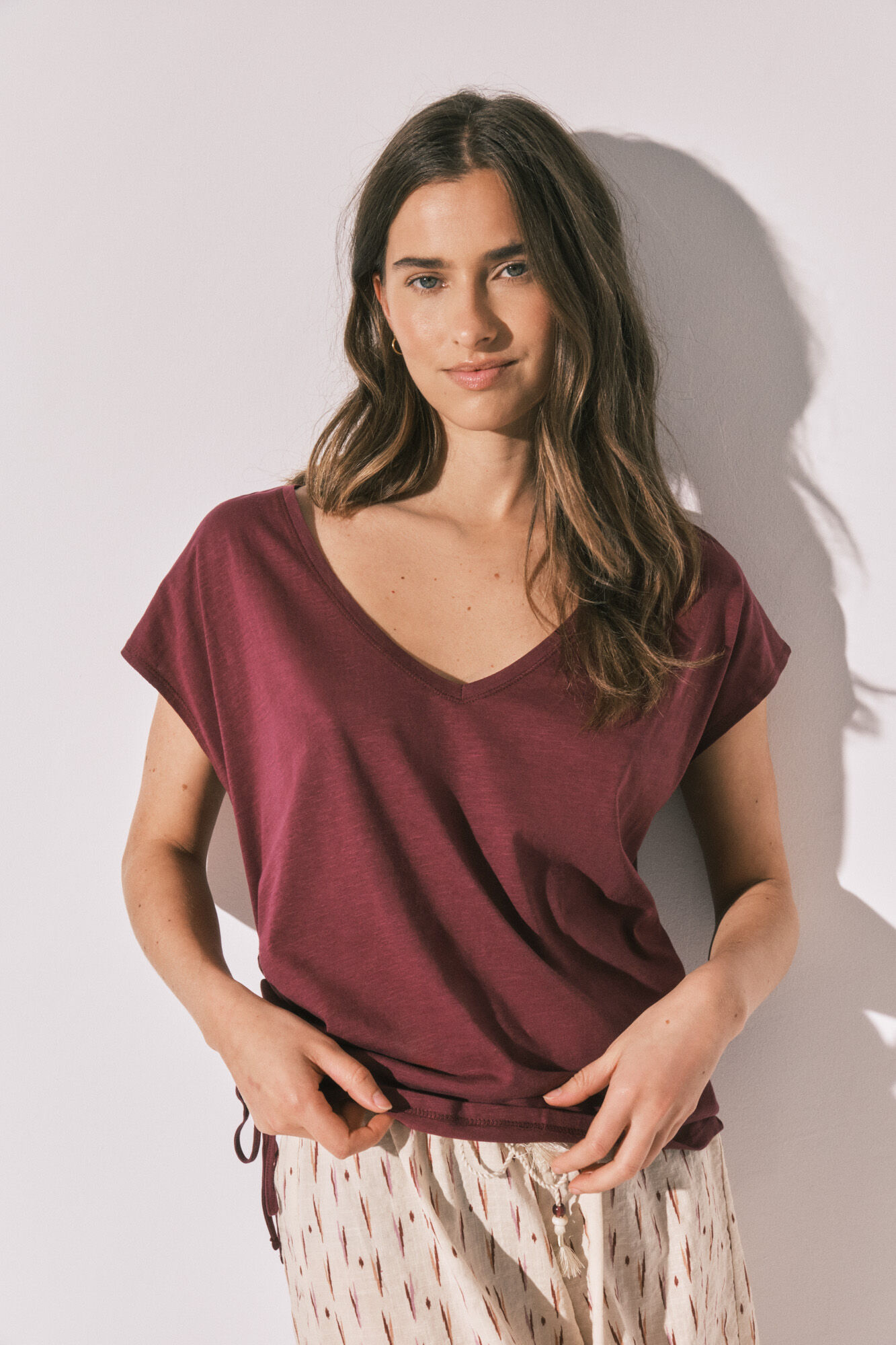 Women'secret Playera de algod&oacute;n con fruncido granate