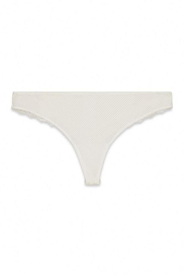 Women'secret Tanga rayada de microfibra y encaje blanca caf&eacute;