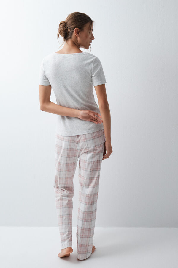 Women'secret Pijama larga de manga corta de algod&oacute;n a cuadros marfil