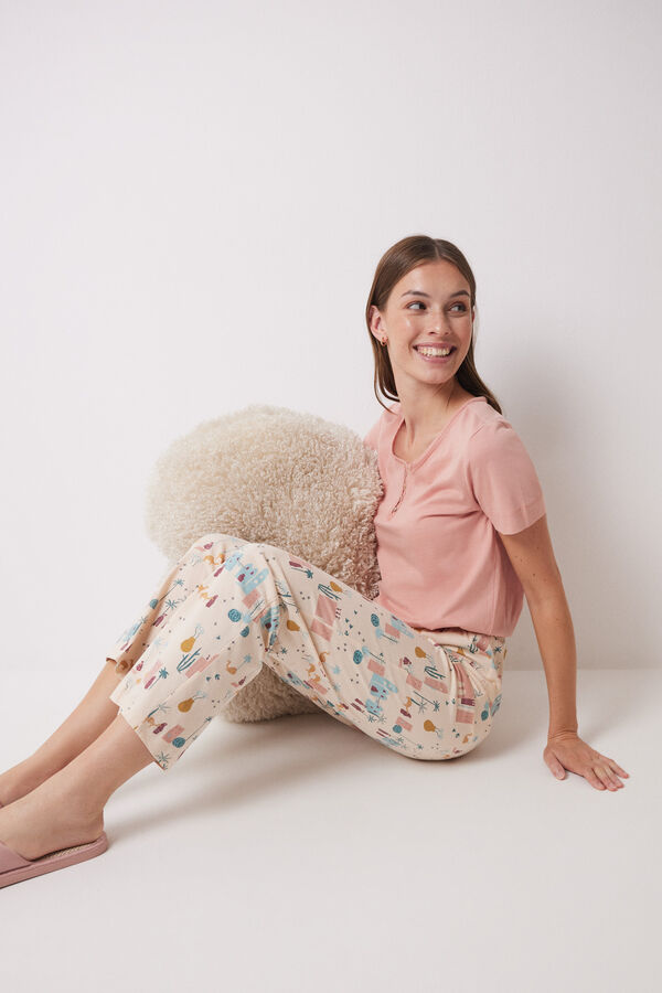 Womensecret Pantalón largo 100% algodón marfil estampado