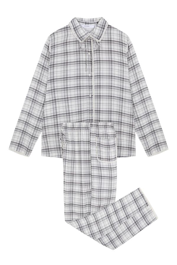 Women'secret Pijama larga camisera a cuadros con detalle de encaje blanco