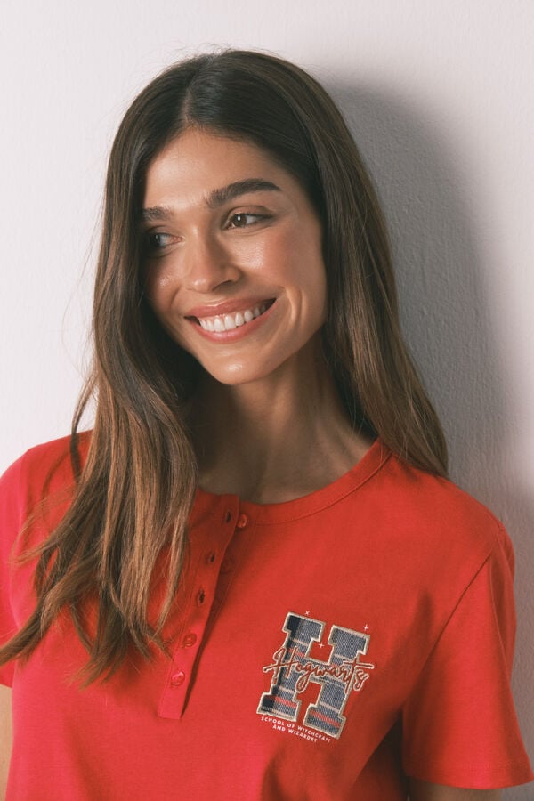 Women'secret Pijama larga 100% algodón estampado cuadros "Hogwarts" rojo