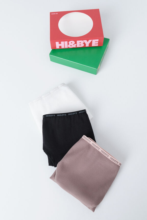 HI&BYE Pack de 3 panties clásica en color blanco, negro y marrón. estampado