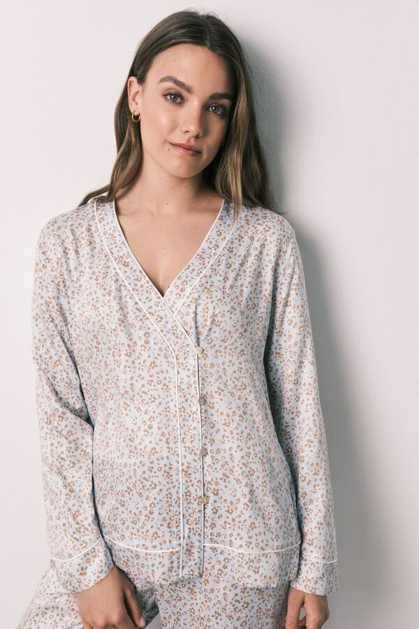 Women'secret Pijama larga de sat&eacute;n estampado de flores azul