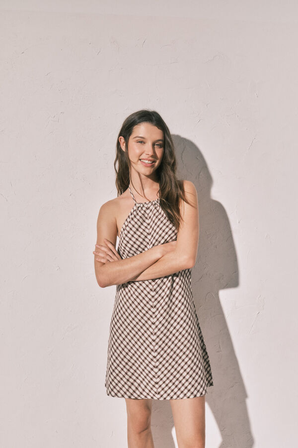 Women'secret Vestido corto estampado vichy marr&oacute;n caf&eacute;