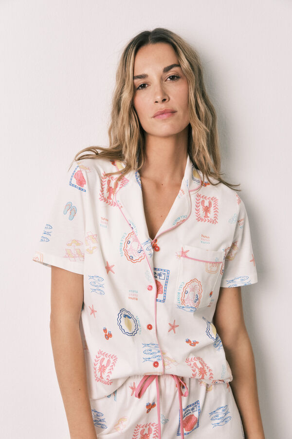 Women'secret Pijama camisera larga estampada multicolor blanca estampado