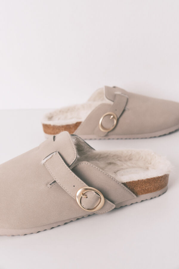 Women'secret Pantuflas para casa estilo zueco de piel gris gris