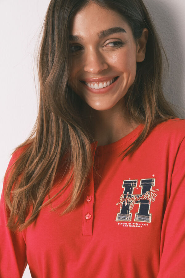 Women'secret Pijama larga 100% algod&oacute;n estampado cuadros "Hogwarts" rojo