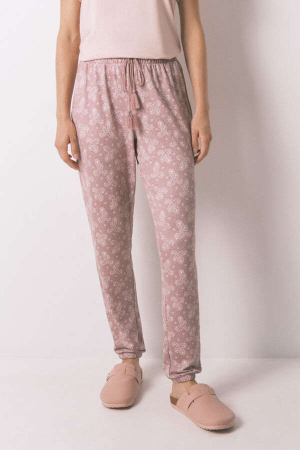 Women'secret Pantalón largo y cálido de punto tejido paisley rosa suave rosa