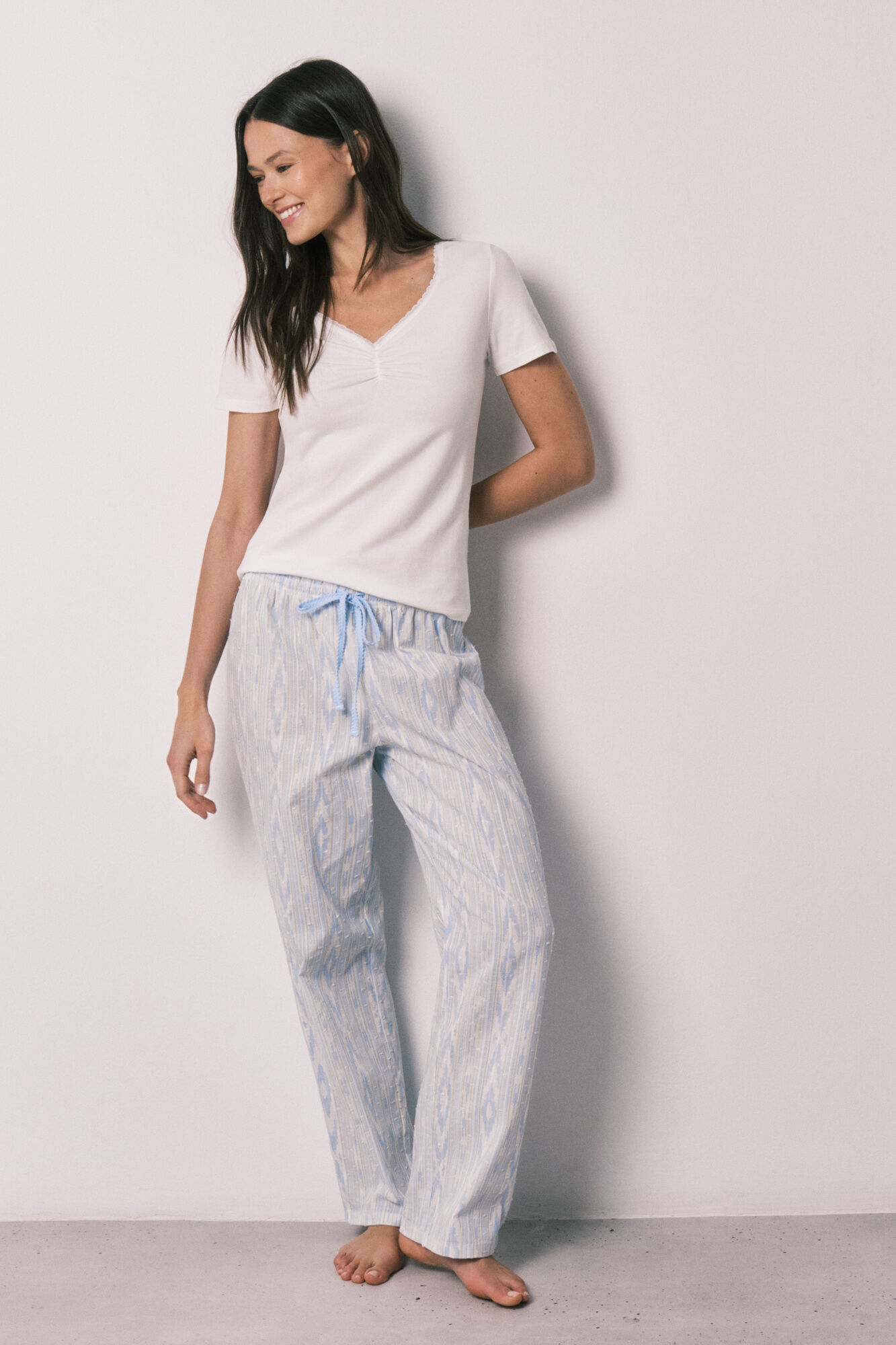 Women'secret Pijama larga de algod&oacute;n de manga corta marfil