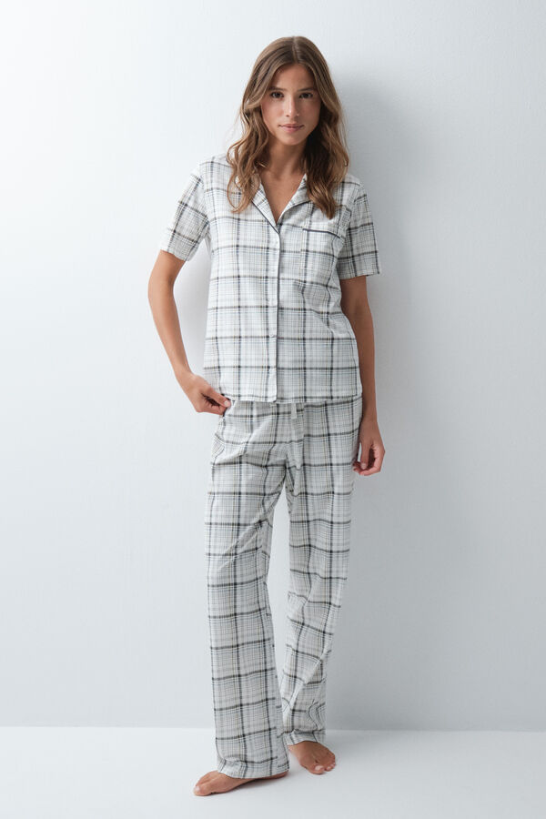 Women'secret Pijama larga camisera a cuadros de algod&oacute;n blanco