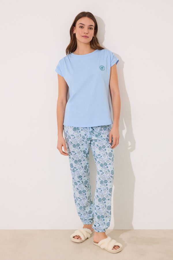 Womensecret Pijama de flores azules 100% algodón azul